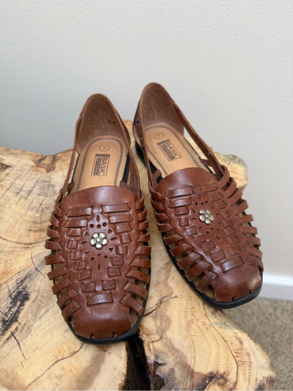 Basic Editions Brown Woven Leather Huarache Slip-On Flats with Flower Accent